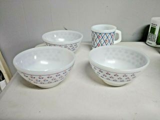 Vintage Termo - Rey Brazil Flowers Blue And Red Tulip Mug And 3 Cereal Chili Bowls