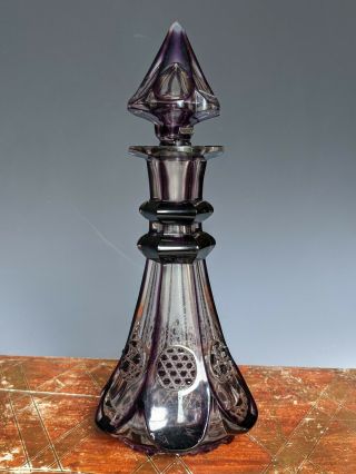 Antique Bohemian Glass Decanter Unusual Cut To Clear Purple 19th C.