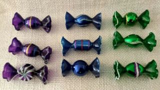 9 Pc Vintage Blown Glass Candy Ornaments,  Green,  Blue,  Purple,  Glitter