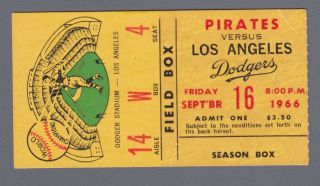 9/16/1966 Sandy Koufax Career Win 162 Ticket Stub Cg 5ks