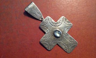 Unique Vintage Hand Crafted Cross With Clear Blue Stone Or Glass 925 Silver Bale