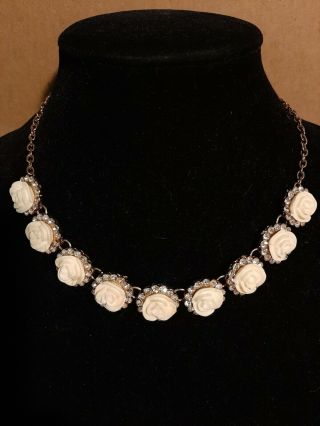Vintage Faux Ivory Rose Carved Celluloid Rhinestones Chain Necklace