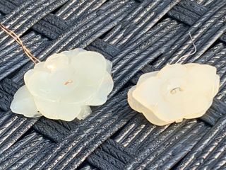 Chinese Antique Carved White Jade Lotus Buttons Pair
