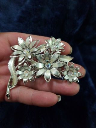 Vintage Signed Coro Silver Tone Flower Floral 3 " Rhinestone Pin Brooch