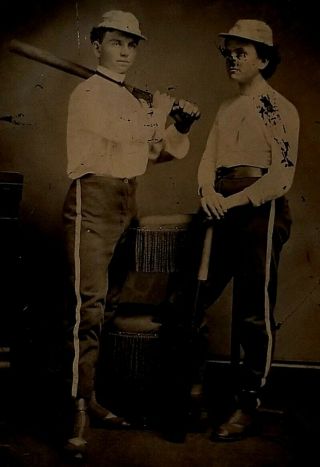 1870s Large Antique Baseball Tintype Players In Early Uniforms With Acorn Bat