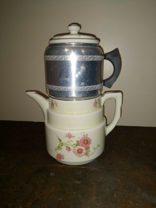 Vintage Drip - O - Lator Coffee Tea Pot Floral Design With Hall China Co Usa