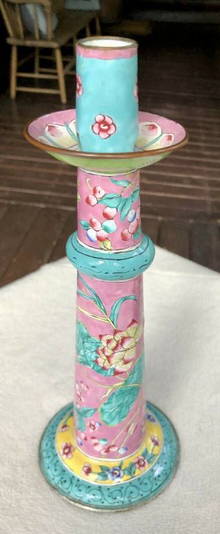 ANTIQUE CHINESE FAMILLE ROSE CANTON ENAMEL BRONZE PARADE CANDLESTICK 3