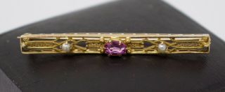 C.  1910 Antique Edwardian 10k Gold Ostby & Barton Bar Pin Pearl/pink Tourmaline