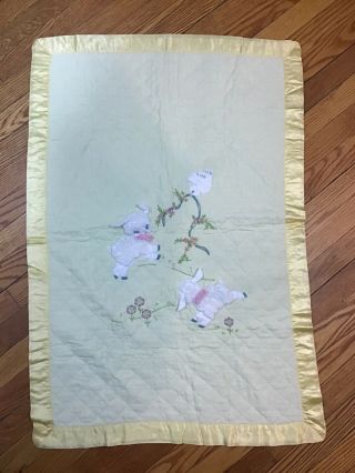 Vintage 1970s Lamb Yellow Baby Blanket Quilted With Satin Trim 38 " X 26 "
