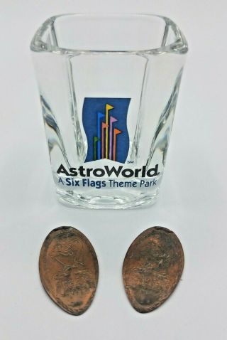 Vtg Astroworld Houston,  Texas Shot Glass With (2) Souvenir Taz Pressed Pennies