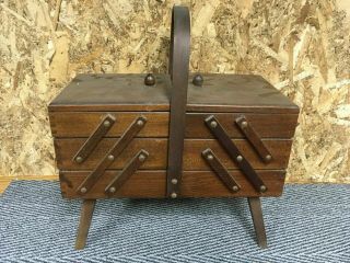 ❤️vintage Sewing Box 3 - Tier Wood Fold Out Dovetailed Accordion Cabinet Romania❤️