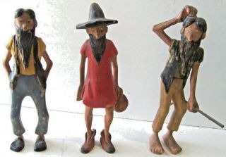 3 Antique Folk Art Wooden Hand Carved & Painted Hillbilly Men Figures