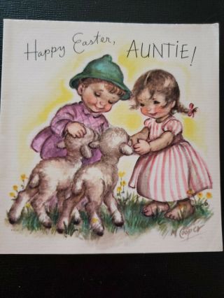 Vtg Rust Craft Easter Greeting Card Marjorie Cooper Girl Boy Lambs Auntie 1940s