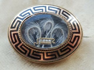 Antique Victorian Gold & Black Enamel Hair Mourning Brooch Locket Pin 1876