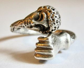 Vintage West Indian Trinidad Sterling Silver Head & Fist Bypass Ring Size 7.  75
