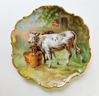 Antique Vintage Cows Plate Ldbc Flambeau Limoges France Signed Hand Painted
