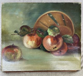 Antique Oil Painting Still Life Apples In Basket 12 X 14 Signed