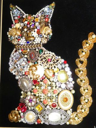 Vintage And Contemporary Jewelry Art Framed Cat,  Made Of Old Jewelry And Beads