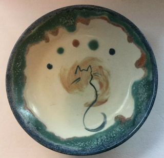 Vintage 1970s Art Pottery Cat Food Dish Very Cute Signed By The Artist
