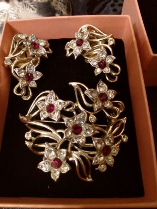 Vintage Kramer Signed Ruby And Clear Rhinestone Brooch And Earrings Signed