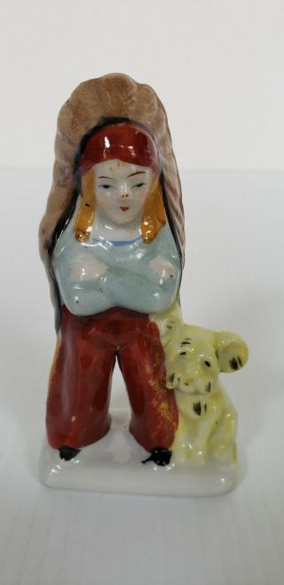 Vintage Porcelain Native American Indian Boy With His Dog Figure Occupied Japan