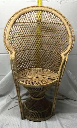 Vintage Wicker Peacock Fan Back Rattan Chair 30” Plant Stand Boho Decor