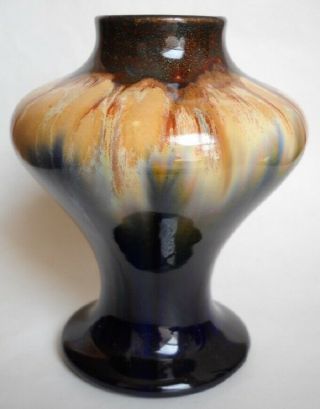 Vintage Belgium Art Pottery 4 1/2 " Vase With Drip Glaze W/ Metal Flakes
