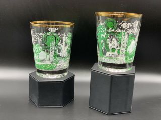 Vintage Set Of 2 Southern Railway Green Gold Low Ball Cocktail Glasses Rail Road