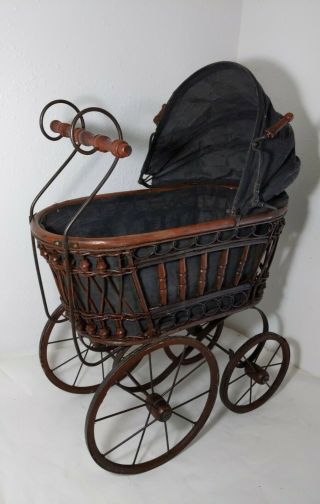 32 " H Vintage Antique Victorian Baby Doll Pram Buggy Stroller Carriage Metal/wood