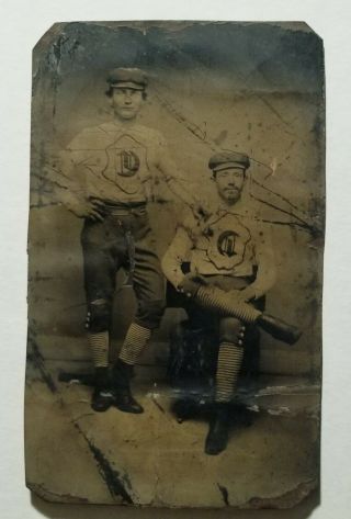 1860s 1870s Large Baseball Tintype Players In Early Bib Uniforms & Old Style Cap