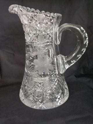 Antique Victorian American Brilliant Cut Glass Crystal Pitcher 10 Tall X 6 Round