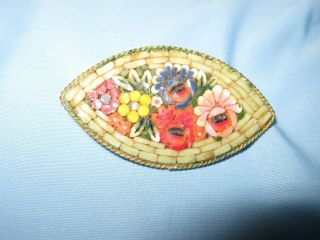 Vintage Oval Micro Mosaic Italian Glass Brooch Pin Floral Center Unsigned
