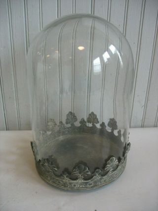 13 " Glass Cloche Dome Display Diorama Apothecary W Zinc Tin Fancy Base