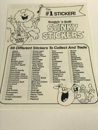 Vintage 1983 Trend Scratch & Sniff Sticker List Guide Chart
