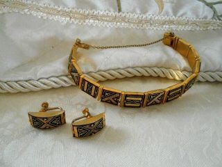 Vintage Damascene Bracelet And Earrings Toledo Gold Plated Enameled 7 1/2 " 1950