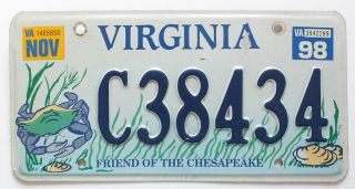 Virginia 1998 Friend Of The Chesapeake Specialty Blue Crab Graphic License Plate