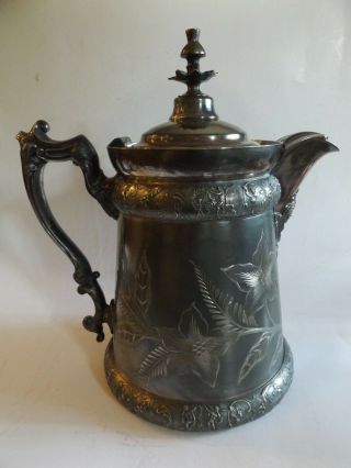 Antique Victorian Silver Plate Ice Water Pitcher With Mask Spout & Angels