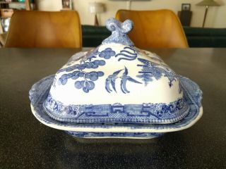 Antique Ridgways Blue Willow Covered Casserole Serving Bowl England 1920