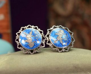 Vintage 925 Sterling Silver Siam Blue Enamel Clip Earrings