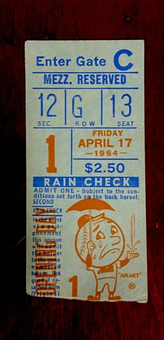 1964 York Mets Opening Day Ticket Stub - First Game At Shea.  April 17,  1964