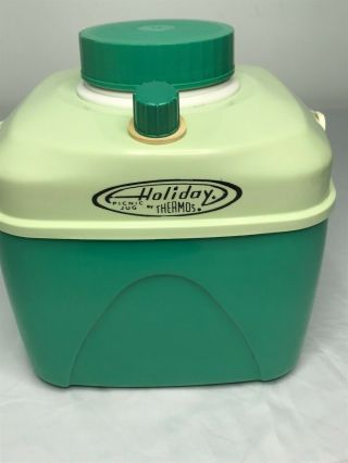 Vintage Thermos Two Tone Holiday Camping Picnic Jug Green Deep Turquoise