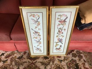 Vintage Floral & Bird Handmade Needlepoint Double Framed Wall Hanging Tapestry