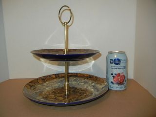 Two Tier Cup Cake Serving Stand Cobalt Blue & Gold Giftcraft Japan Vtg