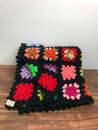 Granny Square Vintage Handmade Afghan Black With Bright Colors Wool 5 