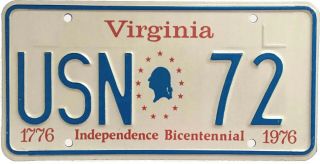 Virginia 1976 Bicentennial Personalized Vanity License Plate,  Usn 72,  Us Navy