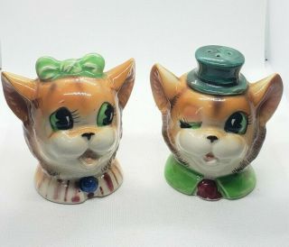 Vintage Anthropomorphic Cat Heads Salt And Pepper Shakers Cute In Love
