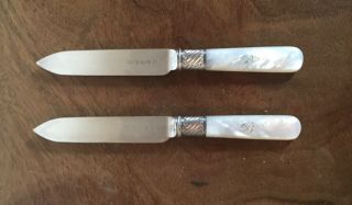 Pair Antique Silver Plate Fruit Knives B Monogram Mother Of Pearl Handle 19th C.