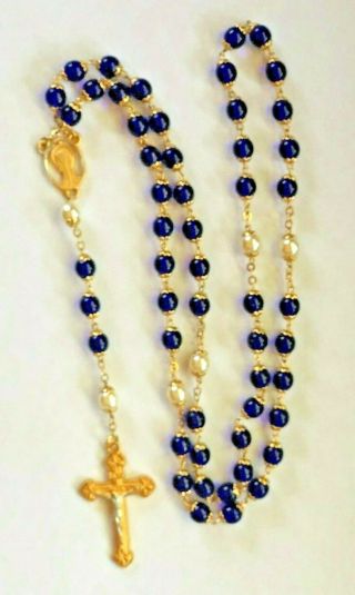 Vintage Religious Rosary Beads - Gold Tone With Cobalt Blue Glass Beads