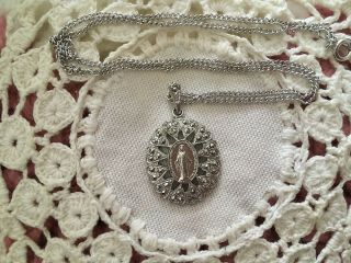 Vintage Catholic Theda Sterling Silver Miraculous Medal Pendant Heart Marcasites
