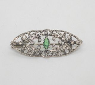 Antique Rose Cut Diamond & Syn Emerald Brooch 800 Silver
